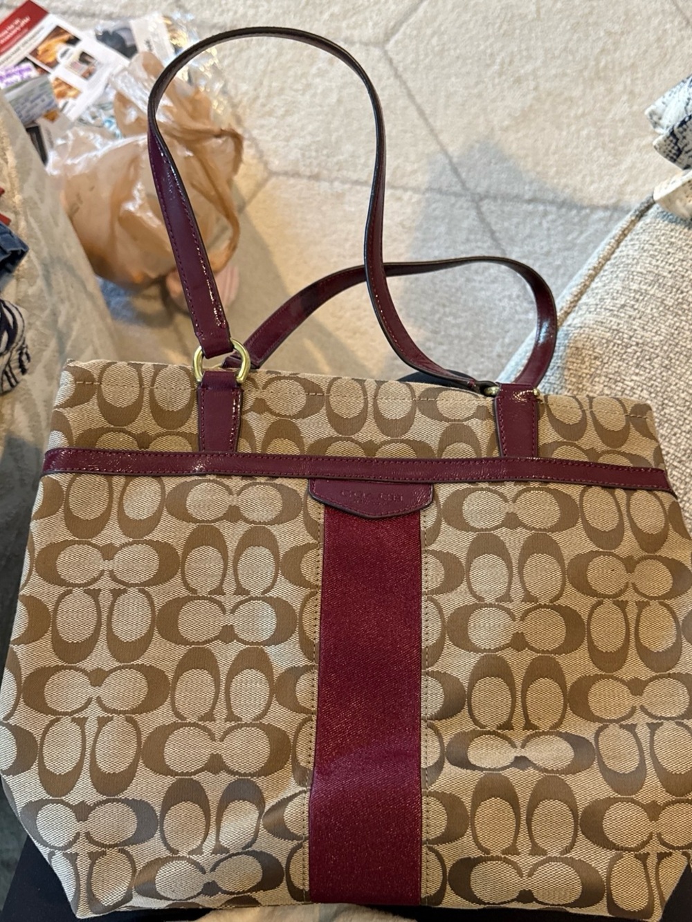 Coach Tan Signature Canvas Tote with Burgundy Accents